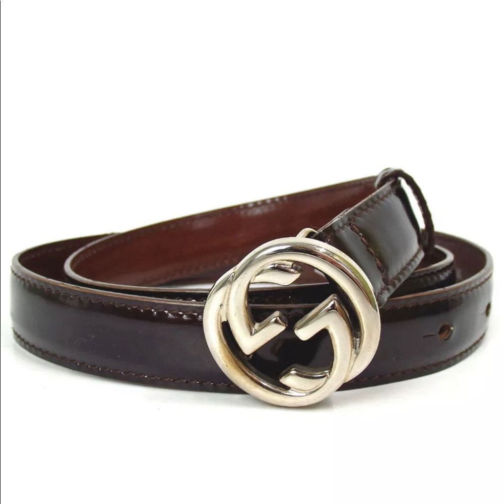 Gucci GG Logo brown patent leather belt 26”-30”
